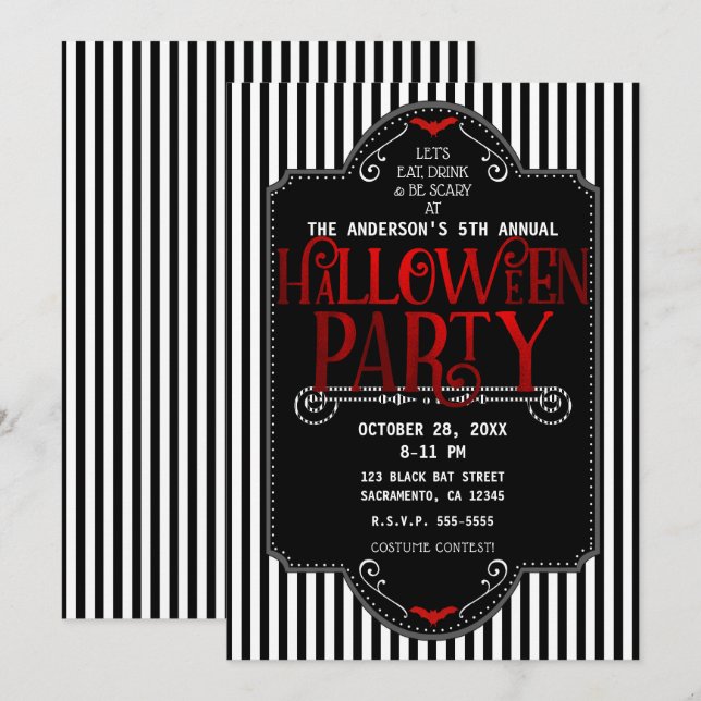 Black And White Stripes Red Gothic Halloween Party Invitation (Front/Back)