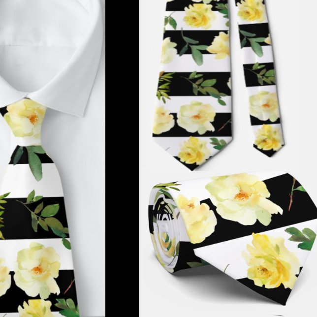 Black and White Stripes Roses Groomsmen Wedding  Tie (Creator Uploaded)