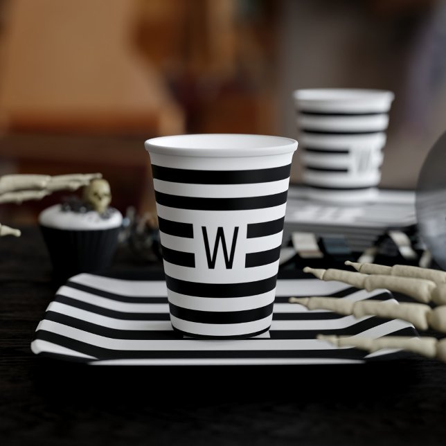 Black and White Stripes Simple Monogrammed Paper Cups (A stylish black & white striped paper cup suitable for any occasion you need one Just add an initial)