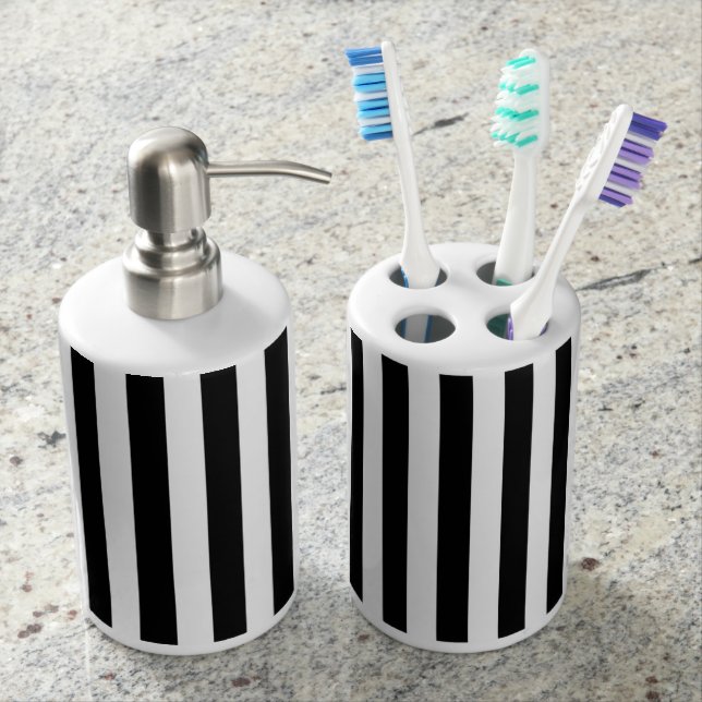 Black and White Stripes Soap Dispenser And Toothbrush Holder (Front)