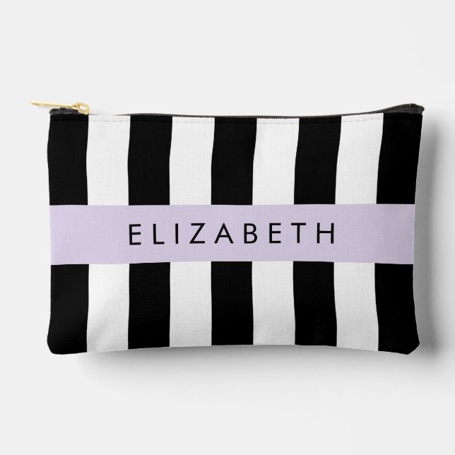 Black and White Stripes, Striped, Lines, Your Name Accessory Pouch (Front)