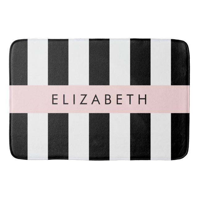 Black and White Stripes, Striped, Lines, Your Name Bath Mat (Front)