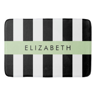 Black and White Stripes, Striped, Lines, Your Name Bath Mat