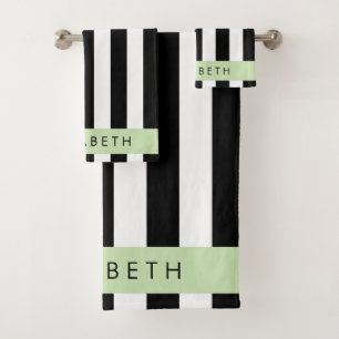 Black and White Stripes, Striped, Lines, Your Name Bath Towel Set