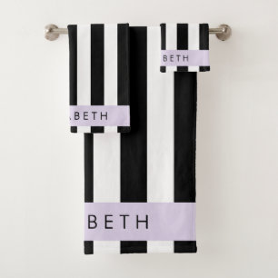 Black and White Stripes, Striped, Lines, Your Name Bath Towel Set