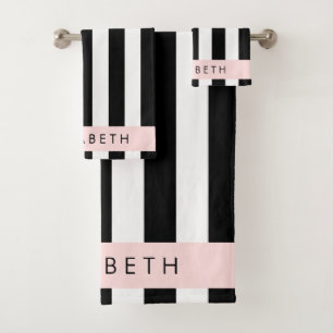 Black and White Stripes, Striped, Lines, Your Name Bath Towel Set