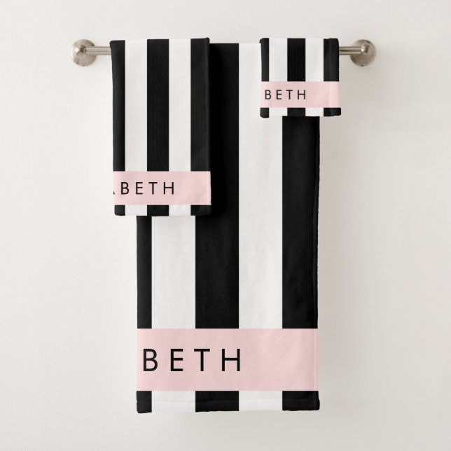 Black and White Stripes, Striped, Lines, Your Name Bath Towel Set (Insitu)
