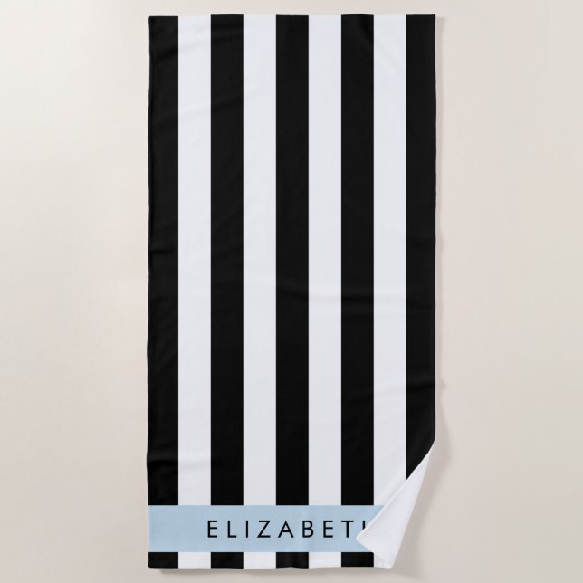 Black and White Stripes, Striped, Lines, Your Name Beach Towel (Front)