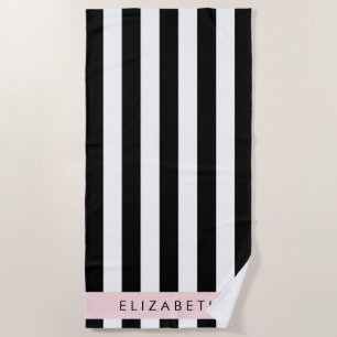 Black and White Stripes, Striped, Lines, Your Name Beach Towel
