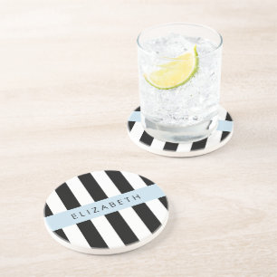 Black and White Stripes, Striped, Lines, Your Name Coaster