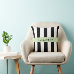 Black and White Stripes, Striped, Lines, Your Name Cushion