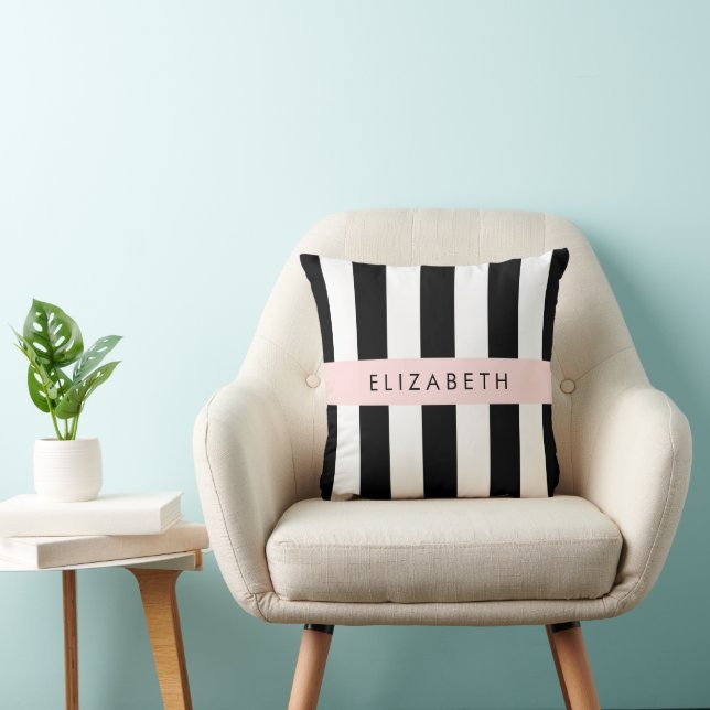 Black and White Stripes, Striped, Lines, Your Name Cushion (Chair)