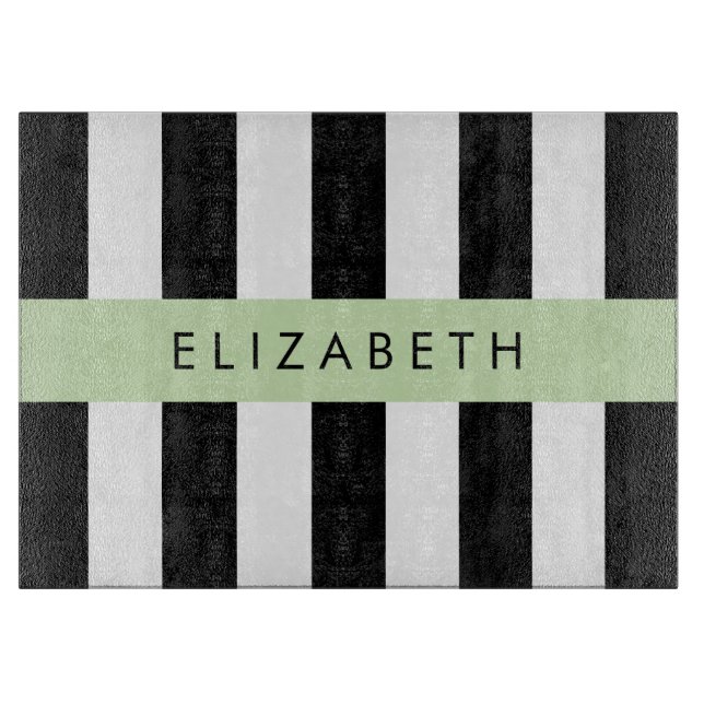 Black and White Stripes, Striped, Lines, Your Name Cutting Board (Front)