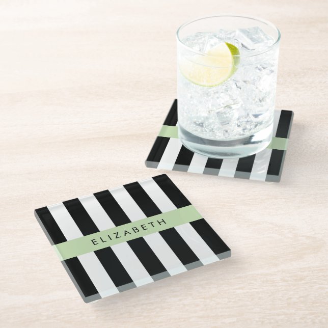 Black and White Stripes, Striped, Lines, Your Name Glass Coaster (Angled)