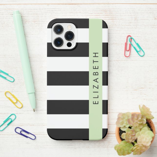 Black and White Stripes, Striped, Lines, Your Name iPhone Case (On Desk)