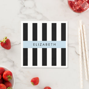 Black and White Stripes, Striped, Lines, Your Name Napkin