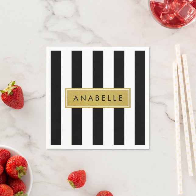 Black and White Stripes, Striped, Lines, Your Name Napkin (Insitu)