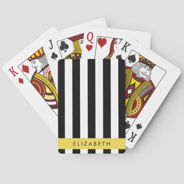 Black and White Stripes, Striped, Lines, Your Name Playing Cards (Back)