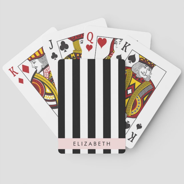 Black and White Stripes, Striped, Lines, Your Name Playing Cards (Back)