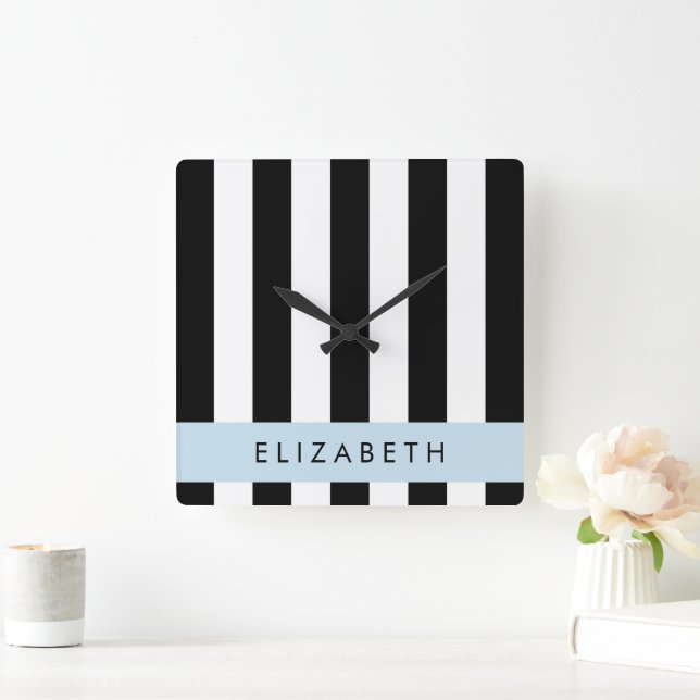 Black and White Stripes, Striped, Lines, Your Name Square Wall Clock (Home)