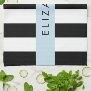 Black and White Stripes, Striped, Lines, Your Name Tea Towel