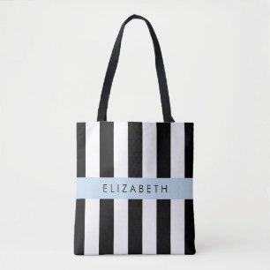 Black and White Stripes, Striped, Lines, Your Name Tote Bag