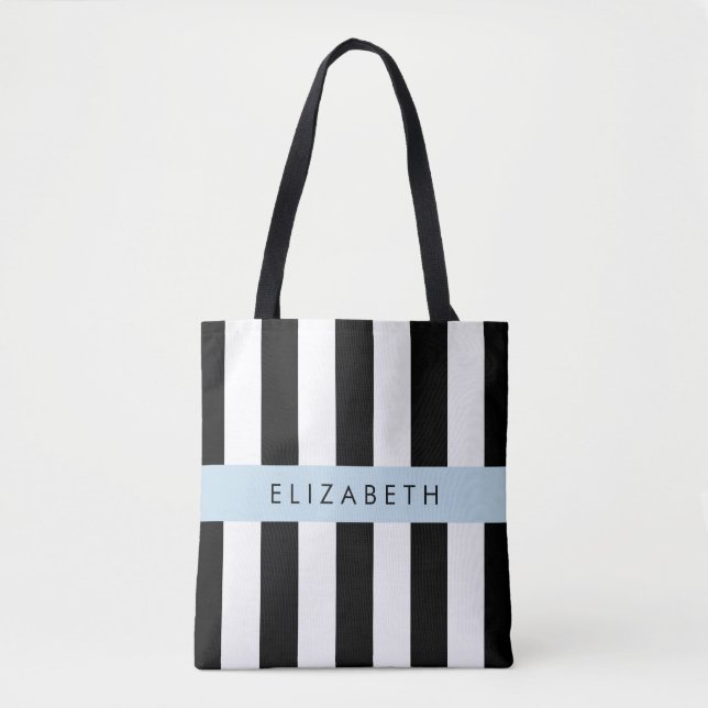 Black and White Stripes, Striped, Lines, Your Name Tote Bag (Front)