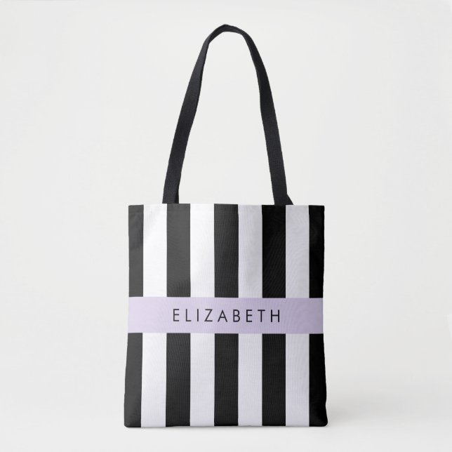 Black and White Stripes, Striped, Lines, Your Name Tote Bag (Front)