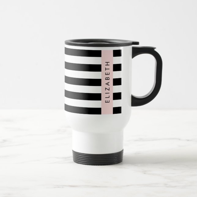 Black and White Stripes, Striped, Lines, Your Name Travel Mug (Right)