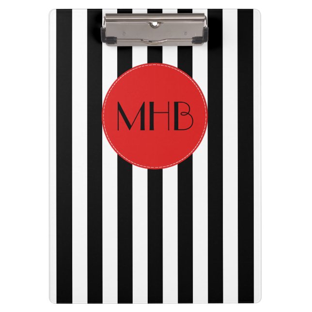 Black and White Stripes, Striped Pattern, Monogram Clipboard (Front)