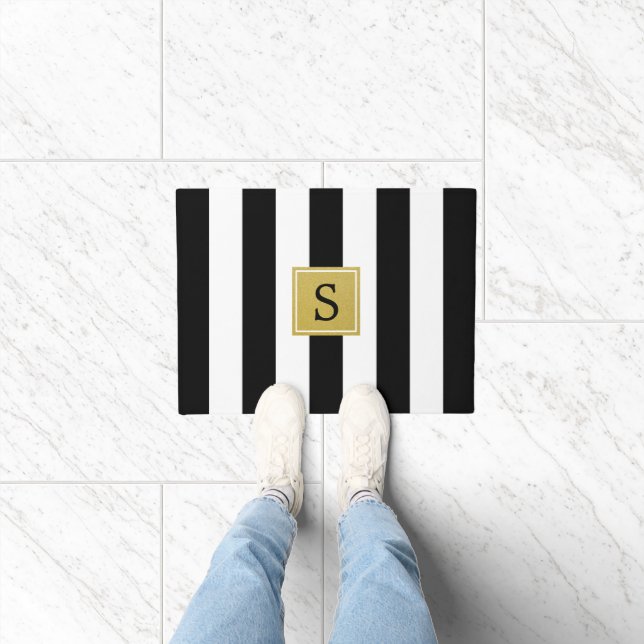 Black and White Stripes, Striped Pattern, Monogram Doormat (Indoor)