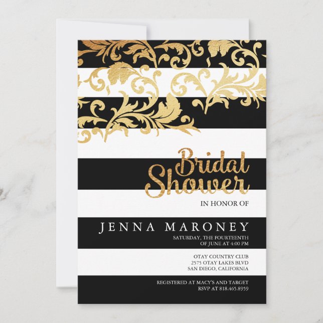 Black and White Stripes w/ Gold Foil Bridal Shower Invitation (Front)