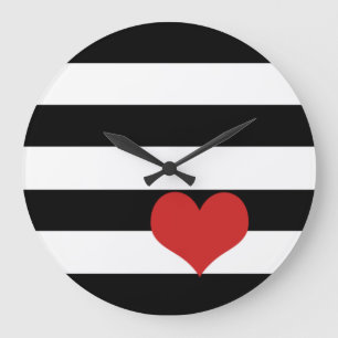 Black and White Stripes w/Red Heart Large Clock