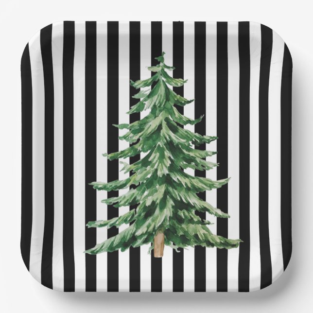 Black and White Stripes Watercolor Christmas Tree Paper Plate (Front)