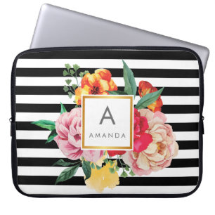 Black and white stripes Watercolor Peony Flowers Laptop Sleeve