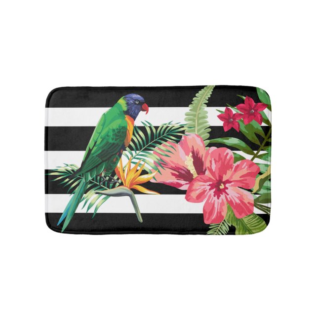 Black And White Stripes With Flowers And Parrot Bath Mat (Front)