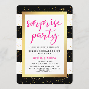 Black and White Stripes with Gold Surprise Party Invitation