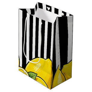 Black and white stripes with lemons medium gift bag