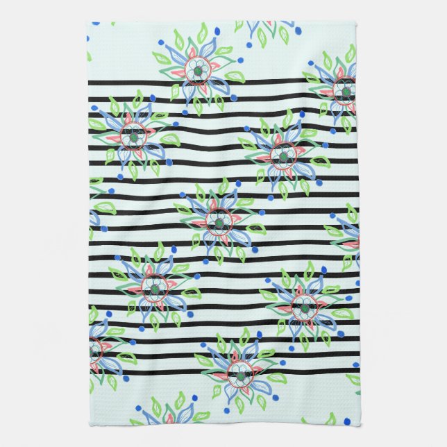 Black And White Stripes With Modern Design Tea Towel (Vertical)
