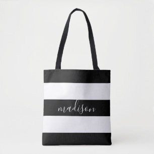 Black and White Stripes with Name Typography Tote Bag
