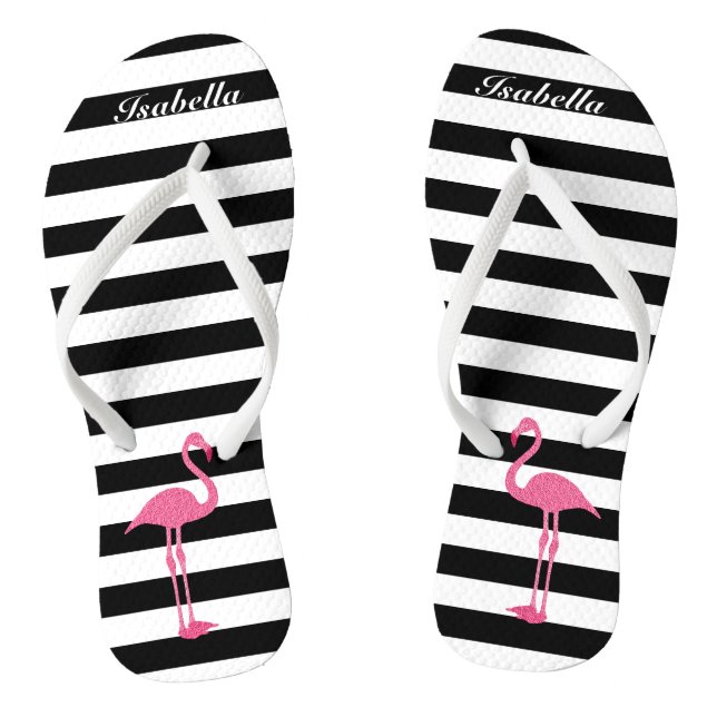 Black and White Stripes with 🦩 Pink Flamingo Jandals (Footbed)