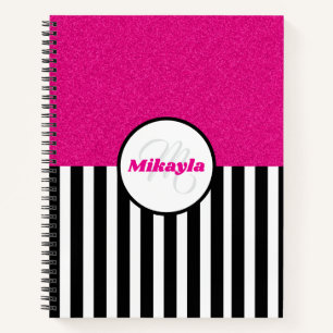 Black and White Stripes with Pink Glitter Notebook