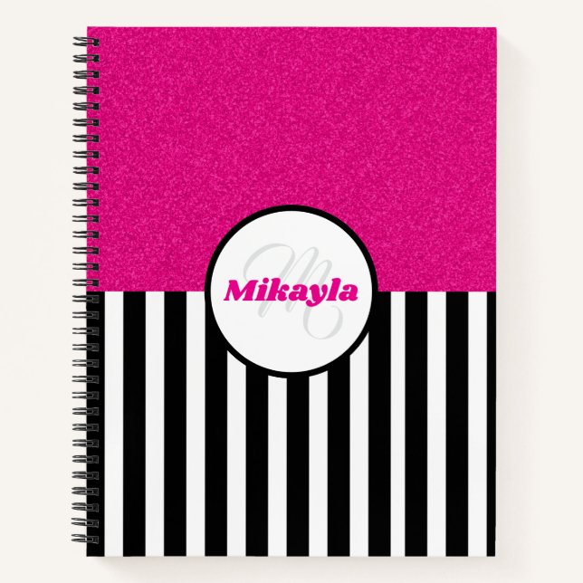 Black and White Stripes with Pink Glitter Notebook (Front)