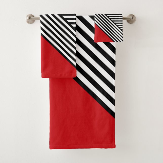Black and white stripes with red triangle bath towel set (Insitu)