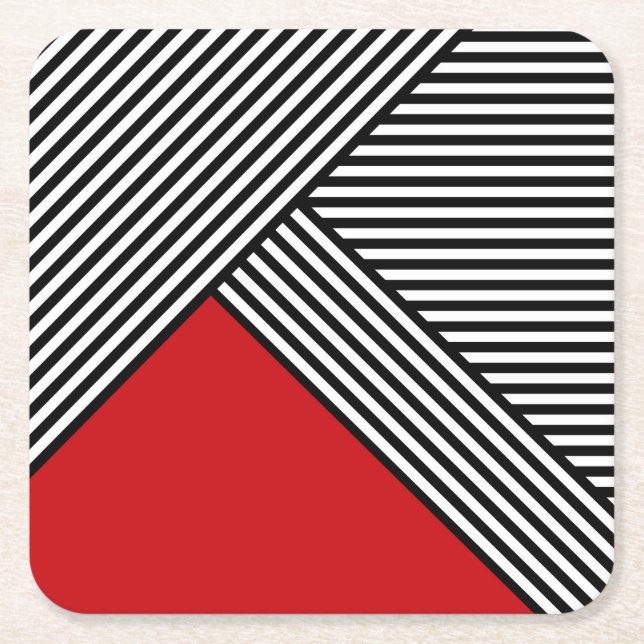 Black and white stripes with red triangle square paper coaster (Front)