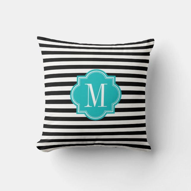 Black and White Stripes with Teal Monogram Cushion (Front)