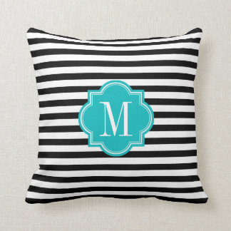 Black and White Stripes with Teal Monogram Cushion