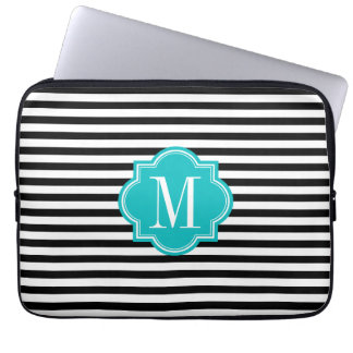 Black and White Stripes with Teal Monogram Laptop Sleeve