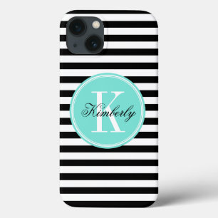 Black and White Stripes with Turquoise Monogram iPhone 13 Case