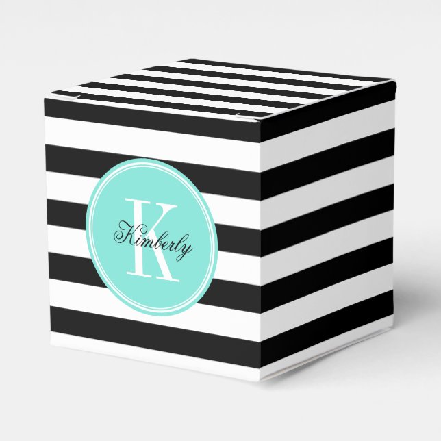 Black and White Stripes with Turquoise Monogram Favour Box (Front Side)